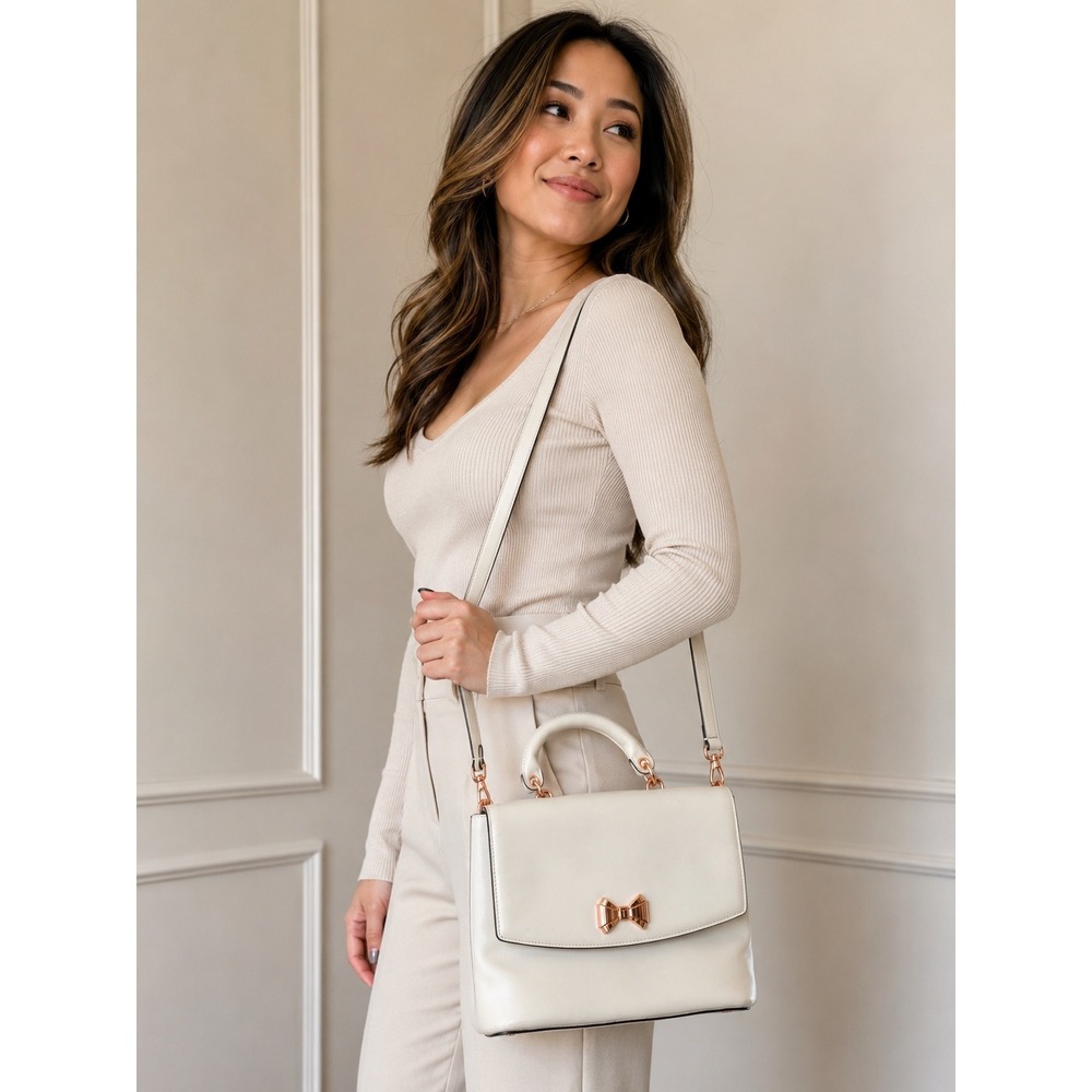 Ted Baker Begonea Curved Bow Lady Bag Ivory Rose Gold Leather Satchel XS7W/XBV8
